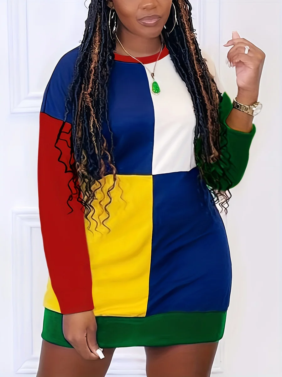 Plus Size Color Lump Patchwork Dress Women Long Sleeve Round Neck Drop Shoulder Autumn Winter Straight Mini Dresses