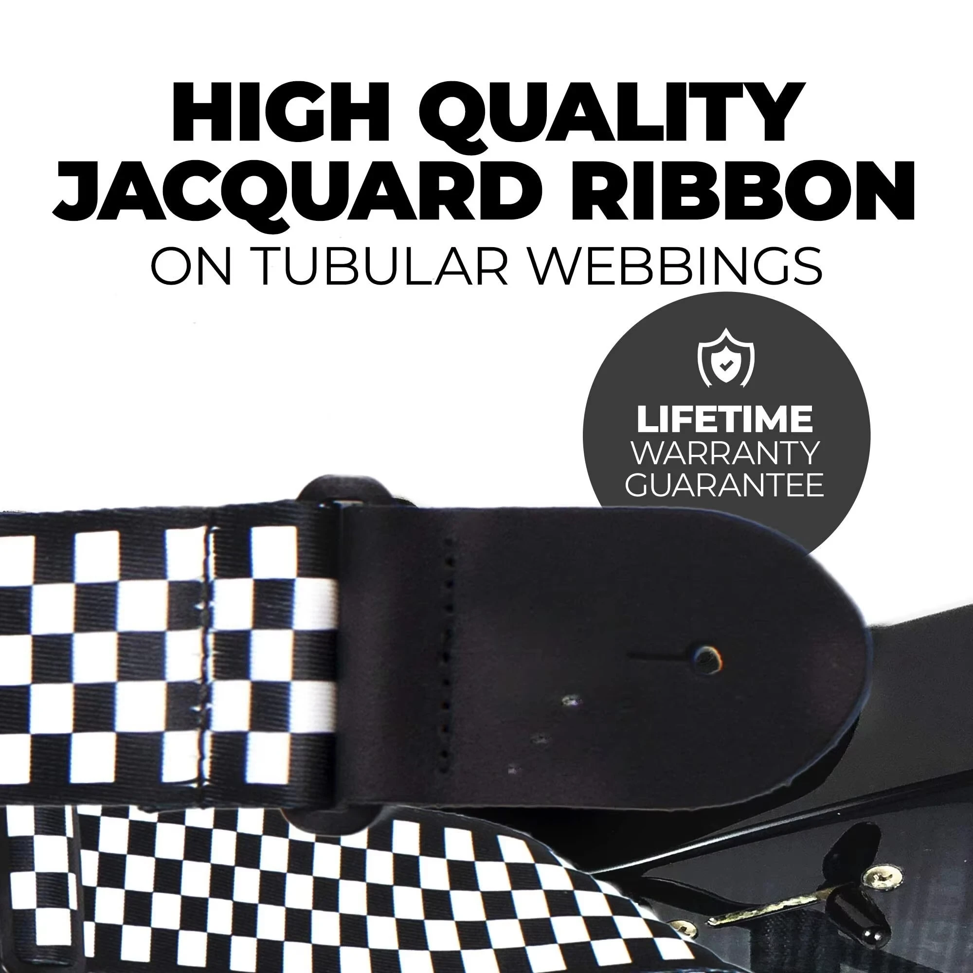 Black and White Checkered Adjustable Guitar Strap Set with Picks