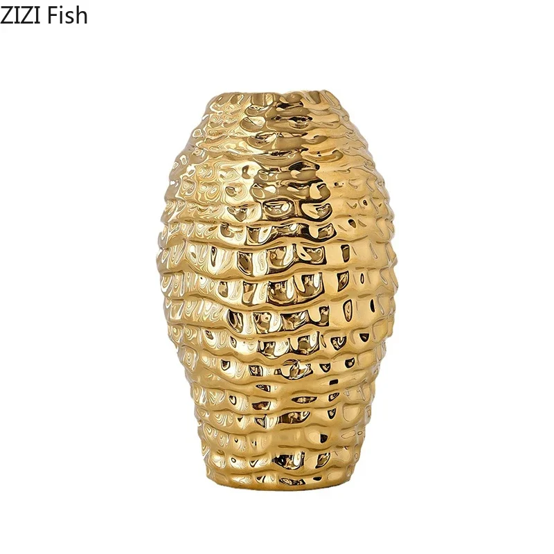 Golden Wrinkle Ceramic Vase Flowers Pots Desk Decoration Flower Arrangement Gold-plated Floral Vases Room Aesthetic Decor 6