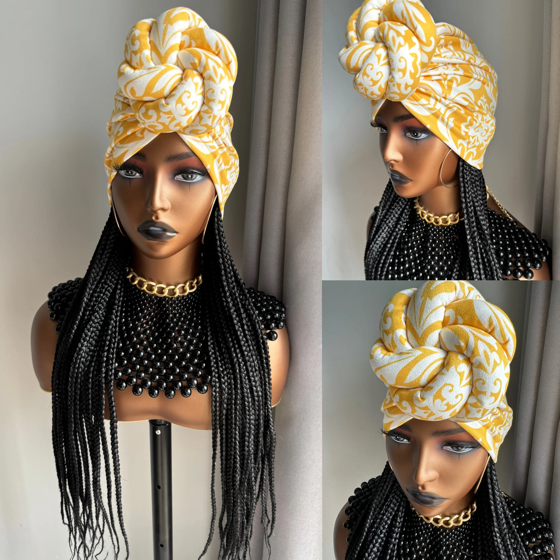 Synthetic Hair Wigs Long Black Synthetic Box Braided With Elastic Bands Headband Wig And Headband Split Set Turban Braiding Hair Extensions Wigs