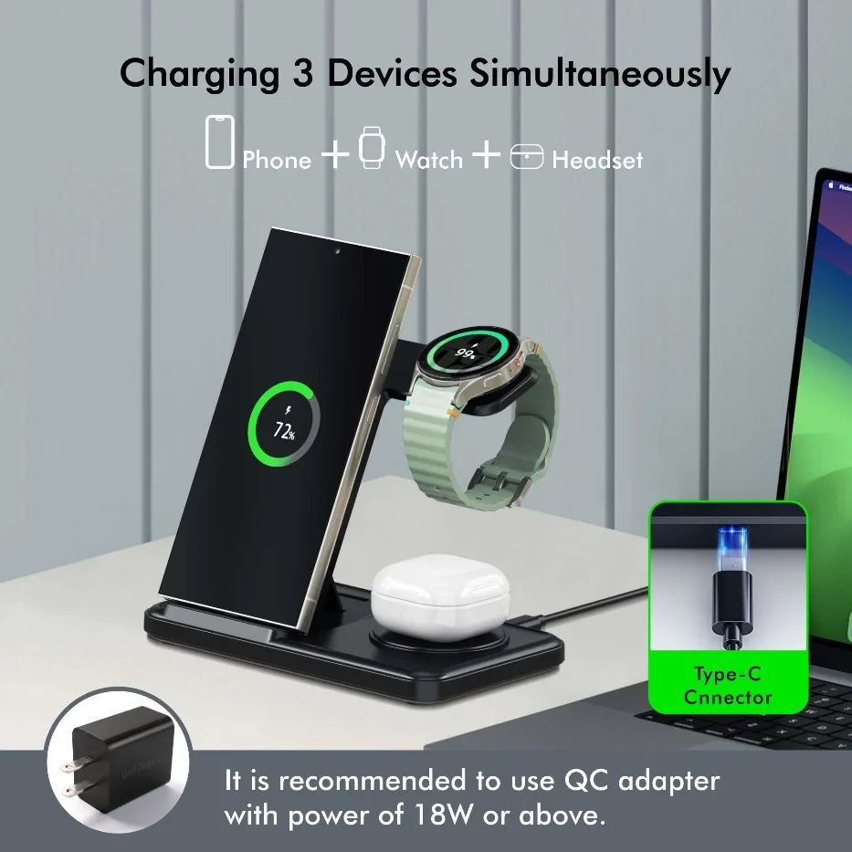 รูปสินค้า แท่นชาร์จไร้สายพับได้ 3 in 1 สำหรับ Samsung