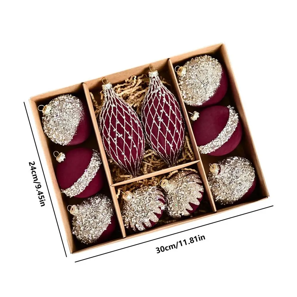 Adornos navideños con bolas flocadas para árbol de Navidad, decoración navideña, colgante, juego de 10 adornos navideños con diamantes de imitación