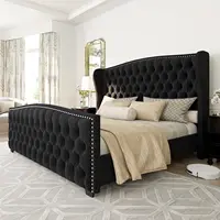 King Size Platform Bed Frame, Velvet Upholstered Bed with Deep Button Tufted & Nailhead Trim Wingback Headboard/No Box Spring 1