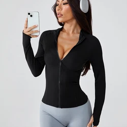 Women's Autumn Yoga Zipper Jacket - Slim Long - Sleeve Sports Top - S (Black)