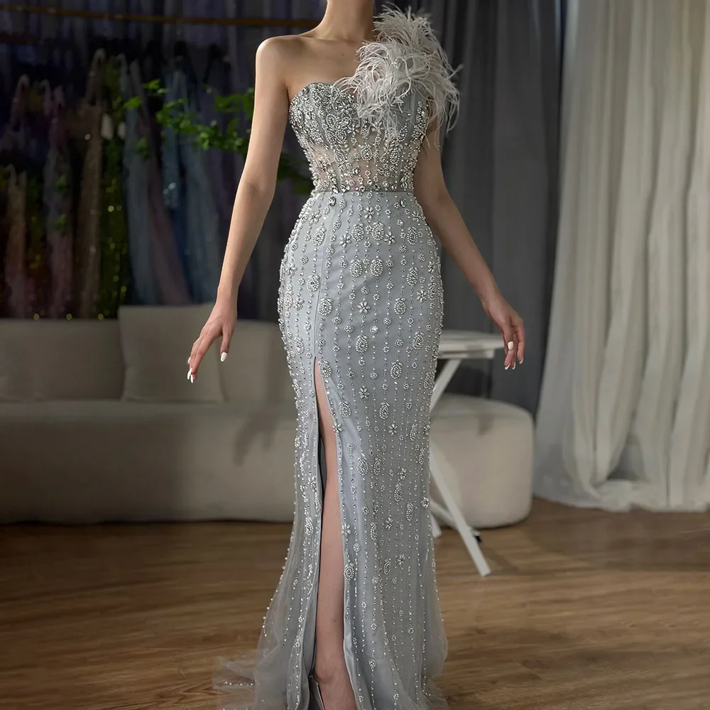 Luxury Grey One Shouder Evening Dresses Gowns 2025 Mermaid Beaded Elegant For Women Party LA71518 main image 0