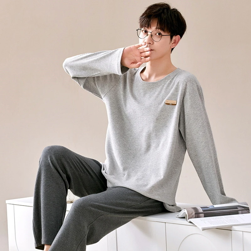 

2024 Men's Pajamas Cotton Sleepwear Long Sleeved Pants Set Simple Loose Fitting Pullover Casual Home Wear in Spring Autumn Witer