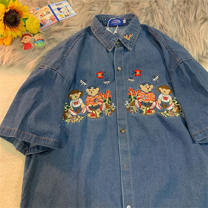 Cotton Retro Shirts And Blouses Embroidery Jeans Blouse Short-sleeved Shirt Men And Women Couples Hong Kong Style Chic Loose Top