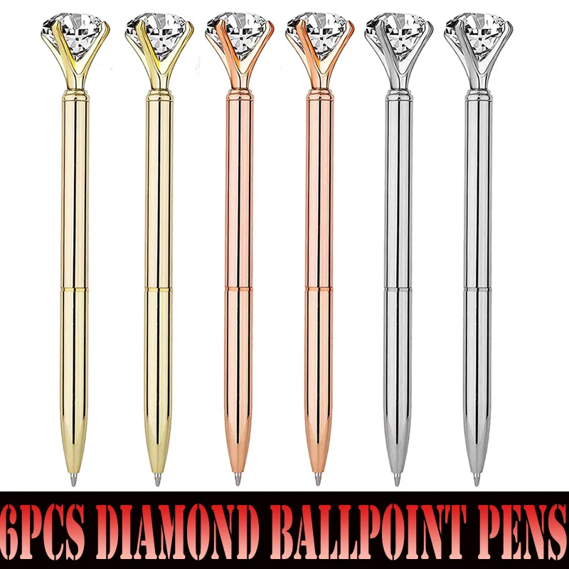 

6Pcs Black Ink Diamond Ballpoint Pens Big Diamond Bling Metal Ballpoint Pen Office Supplies Supplies Gift Pens