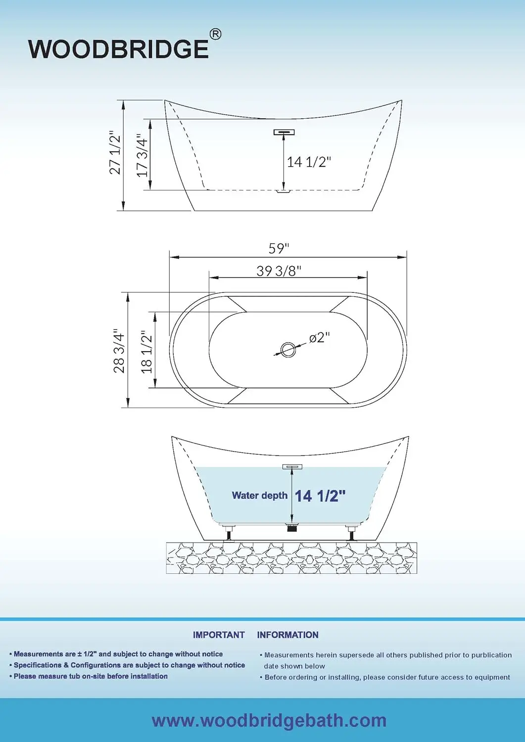 59"Freestanding White Acylic Soaking Bathtub with Brushed Nickel Drain and Overflow Premium Quality Construction