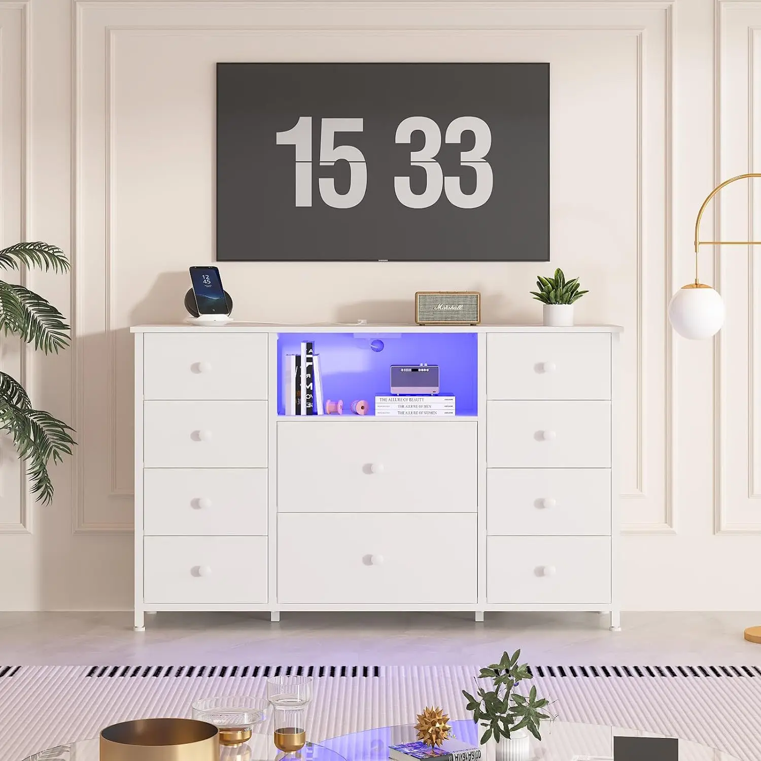 

Dresser with Charging Station and LED Lights, Long Dresser for Bedroom Dresser TV Stand with 10 Drawers