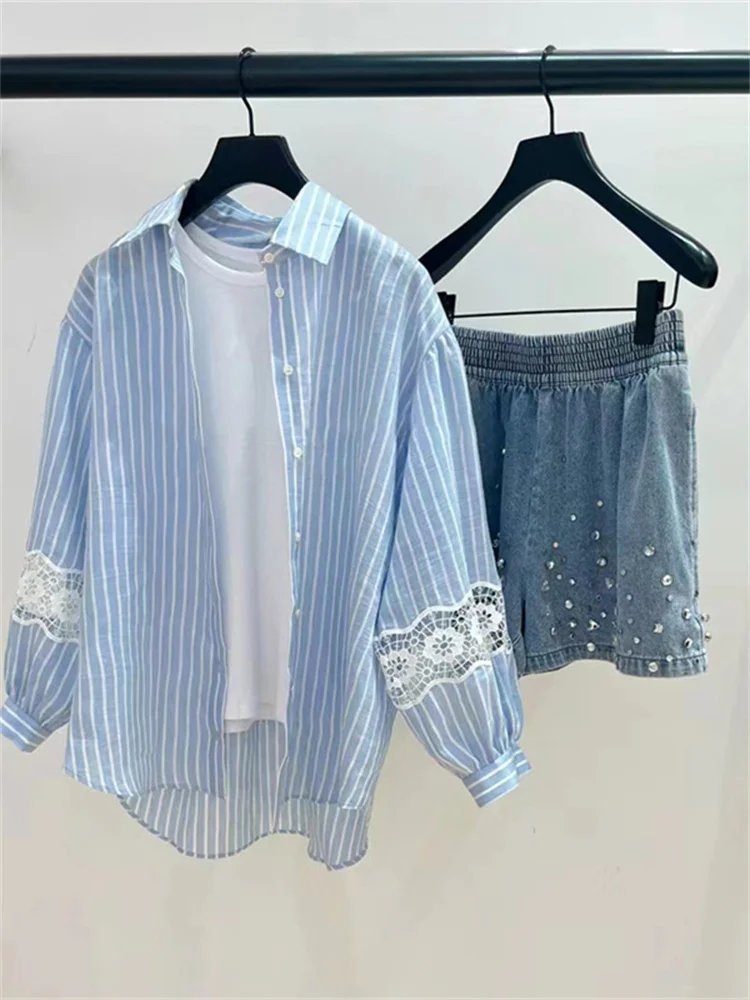 

Spring New 2024 Women Lace Hollow Out Patchwork Striped Blouse Ladied Turn Down Collar Long Sleeve Single Breasted Elegant Shirt