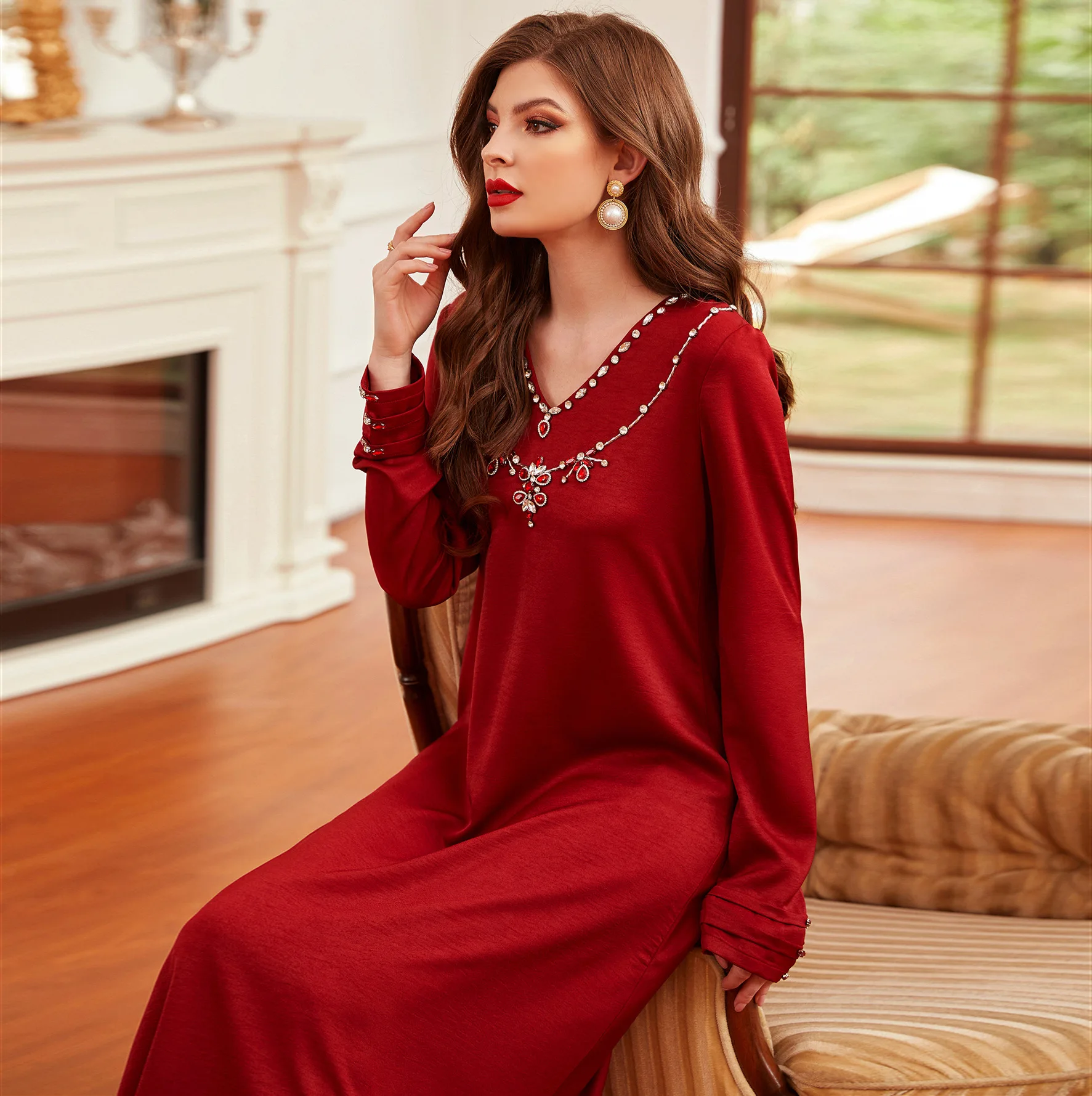 

Ramadan Eid Red Abaya Dubai Muslim Hijab Modest Dress Turkey Islam Abayas For Women Robe Longue Femme Caftan Marocain