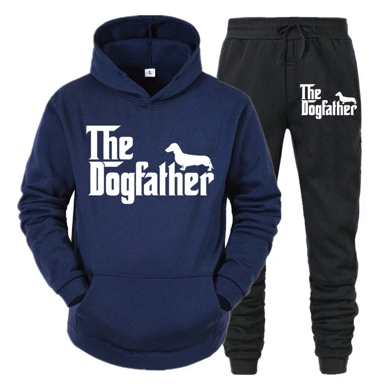 thumbnail image 1 of Conjunto de dos piezas "El Dogfather" Divertido chándal casual para amantes de los perros salchichas para hombre Otoño Conjunto de ropa deportiva holgada con capucha estilo hip hop con animales, 1 of 5