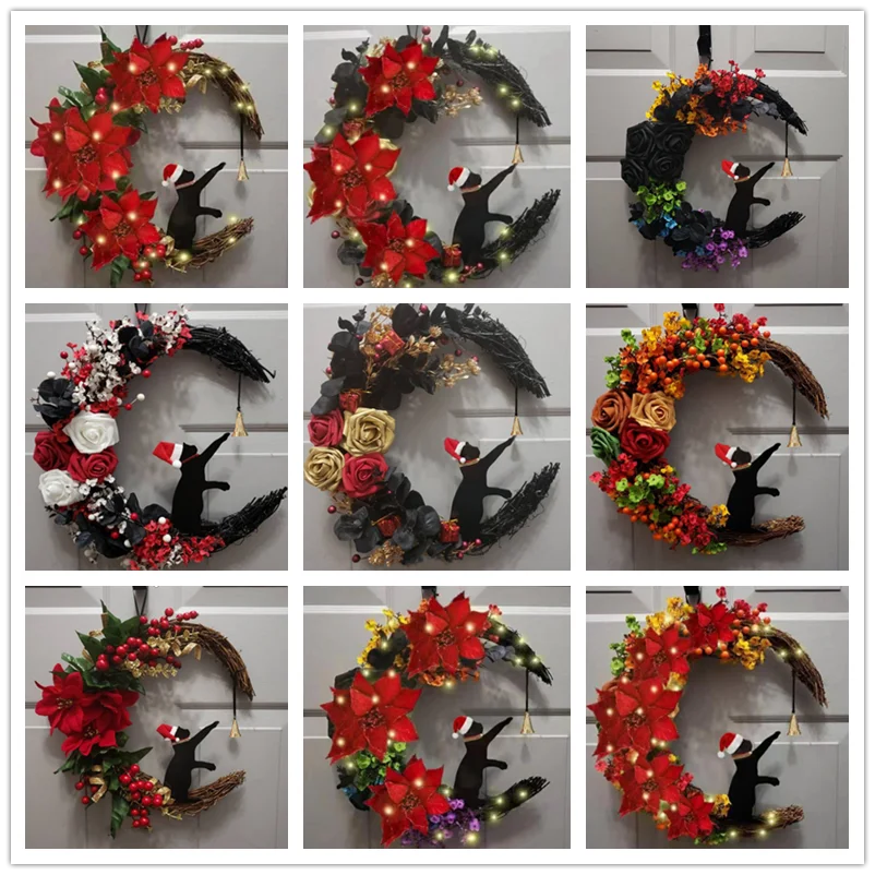Christmas Wreath Door Hanging Wall Decoration Pendant Moon Shaped Cat Is Wearing A Christmas Hat Garland Dried Flower Party