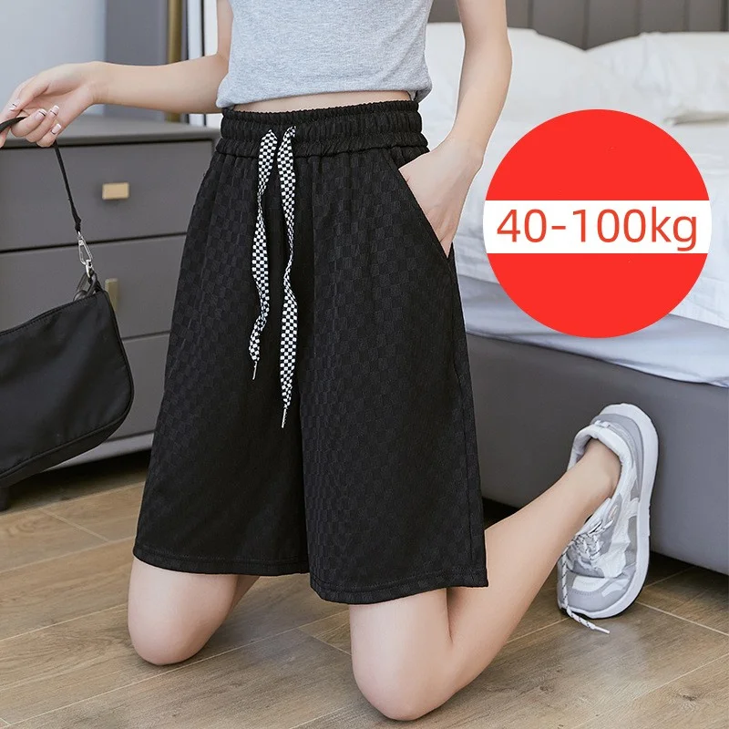 Plus Size Women Shorts Summer Casual Checkerboard Grid Sports Shorts Elastic Waist Loose Middle Pants for Female Sportwear New