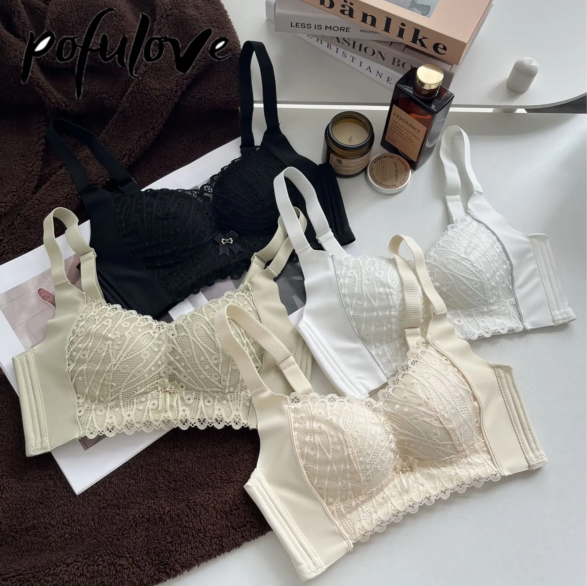 

Adjustable Lingerie Women's Small Chest Gathered and Lifted with No Steel Ring Lace on The Top Large Size Bra Drop Shipping