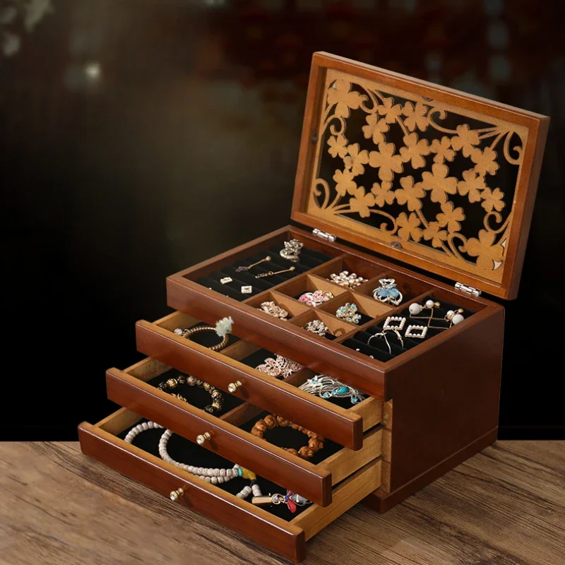 Necklace Jewelry Organizer Box Wood Jewelry Case with Ring Earring Drawer Bracelet Display Plastic Storage Separators 5
