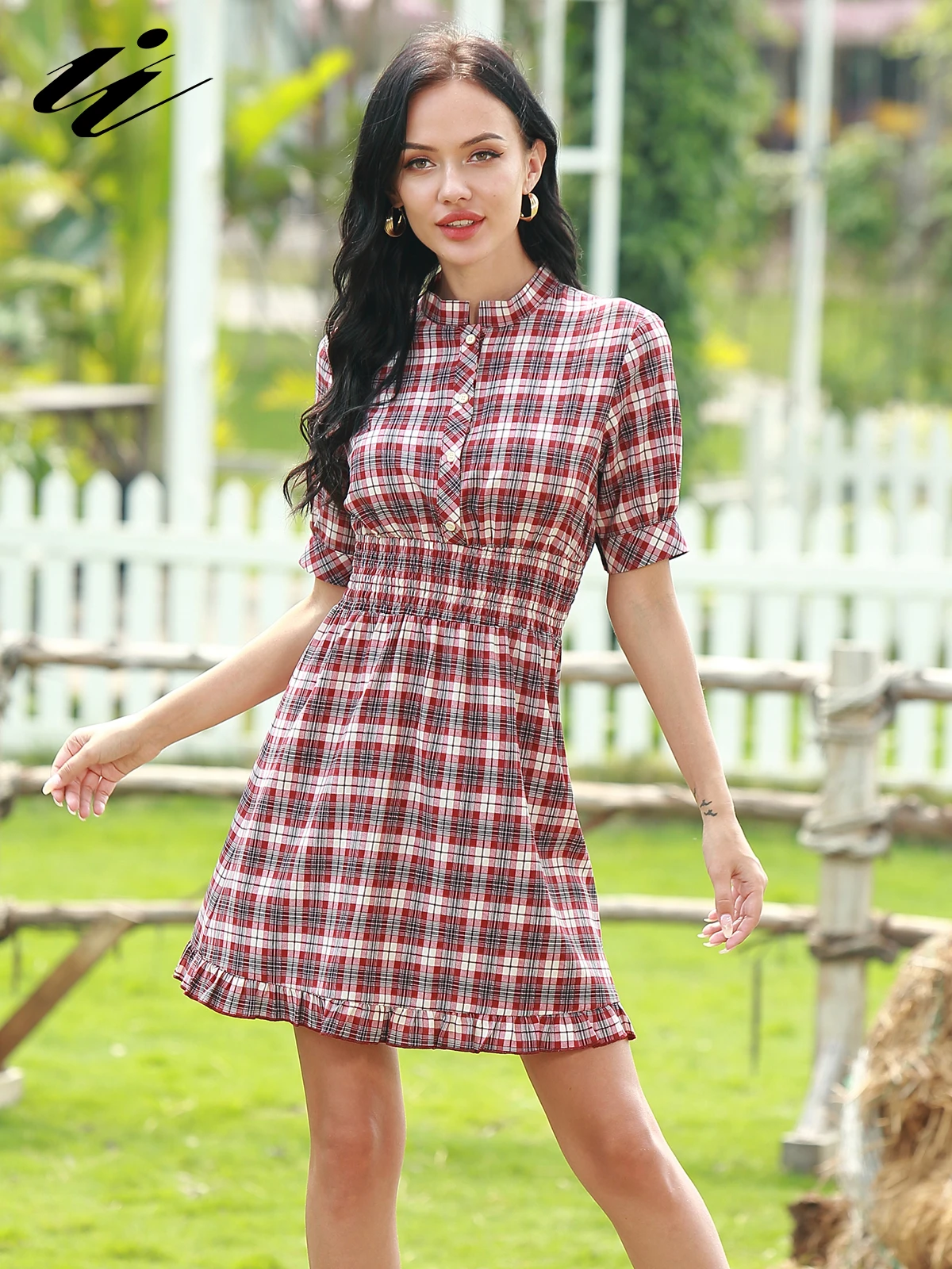 

II Women's High Neck Plaid Fit and Flare Mini Dress Vintage Flowy Swing Shift Dresses Short Sleeve Button Down A-Line Dress