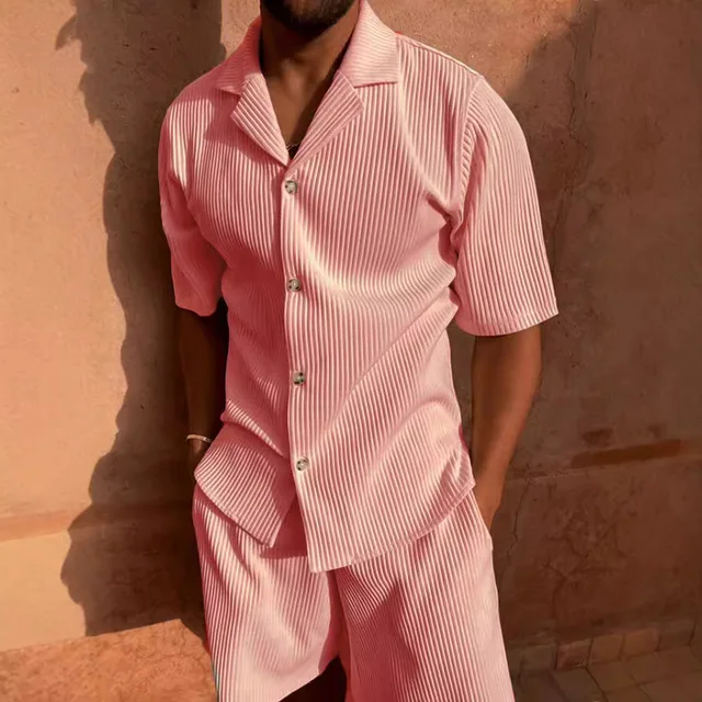 New Men's Corduroy Casual Short Sleeve Shirt Shorts Suit Beach Casual Style Lapel Collar Running Training Suit 2