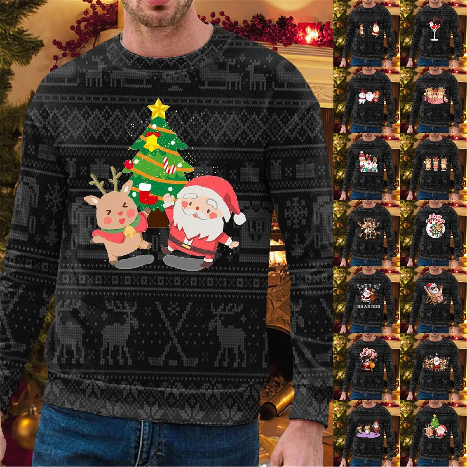 

Long Sweatshirts Mens Autumn And Winter Casual Trend Christmas Printed Pullover Crewneck Chomp Sweatshirt Fall Jacket Men Warm