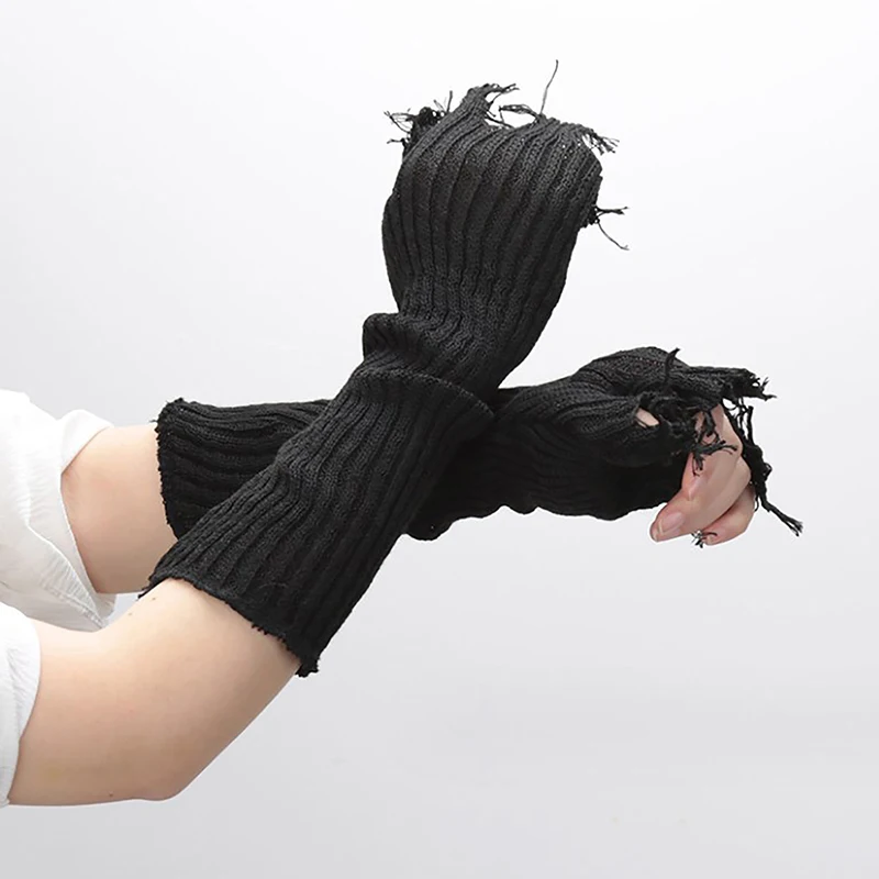 

1Pair Black Tattered Punk Unisex Fingerless Cuff Knit Gloves Women Men Elbow Length Mittens Broken Stretch Arm Warmer Gloves