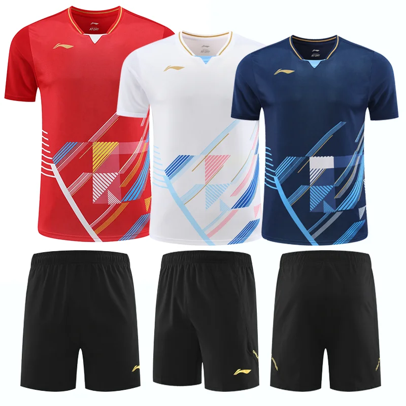 Customized a set of men's and women's badminton T-shirt shorts tennis training shirt quick dry breathable light V-neck half slee