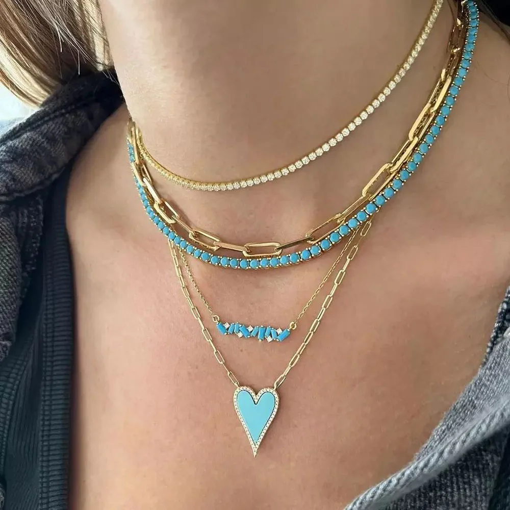 New High Quality Gold Color Plated 3MM Turquoise Stone Paved Tennis Chain Necklace For Women Girls Fashion Jewelry Choker