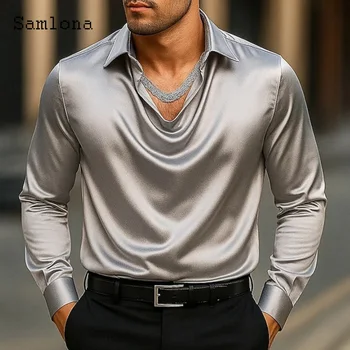 Camicia da uomo a maniche lunghe con intaglio Abbigliamento 2025 Moda europea Basic Top Solid Silver Gold Camicetta Uomo Casual Camicie con scollo a V Homme