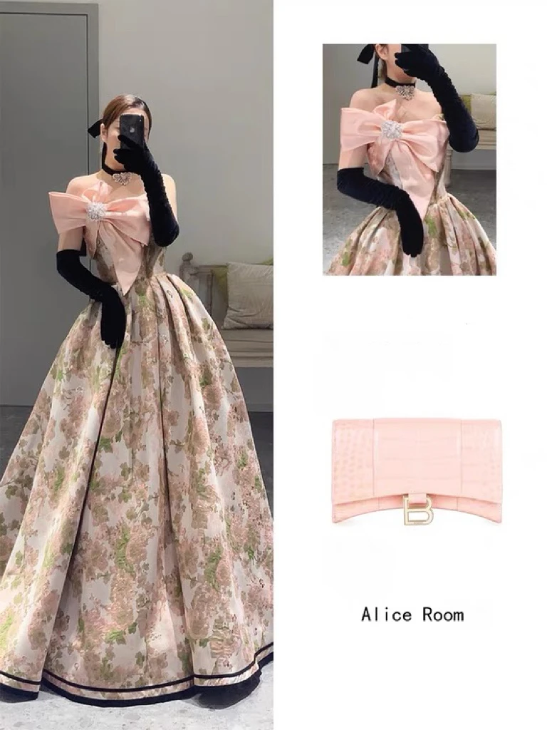 Gorgeous Strapless Evening Dresses Floral Print French Style With Bow Fairy Crystal A-line Prom Party Gowns Woman Vestido 2024