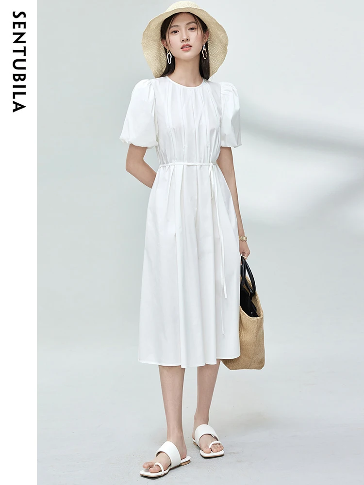 

SENTUBILA Summer 100% Cotton Midi White Dress for Women 2023 Fashion Elegant Solid A Line Short Sleeve Tied Belt Pleated Dress