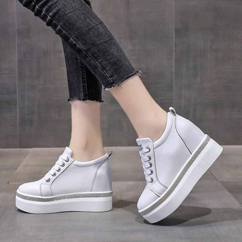 

Woman Autumn Comfortable Breathable Women White Shoes 8CM Wedge Heels Height Increasing Platform Sneaker Casual Vulcanize Shoes