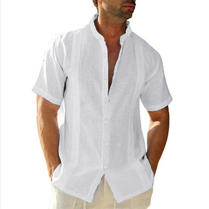 Men Summer Short Sleeve Linen Shirt Lapel Neck Beach Blouse Top Casual Slim Buttons Dress Shirt