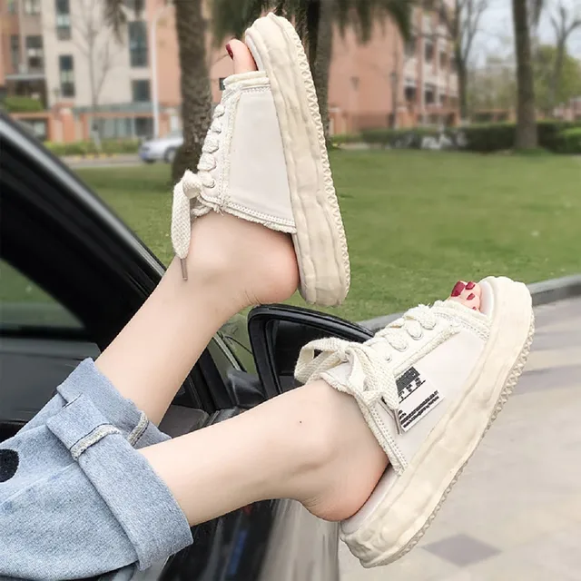 Summer Fashion Women Thick Bottom Lace-up Open Toe Canvas Sandals Casual  Outdoor Platform Slippers Beach Shoes Plus Size#g3 - Women's Slippers -  AliExpress