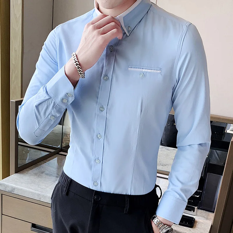 Groom Married Dress Shirts/Male Slim Fit High quality Lapels Business Long Sleeve Shirts/Man Solid Color Casual Shirts 7XL 8XL