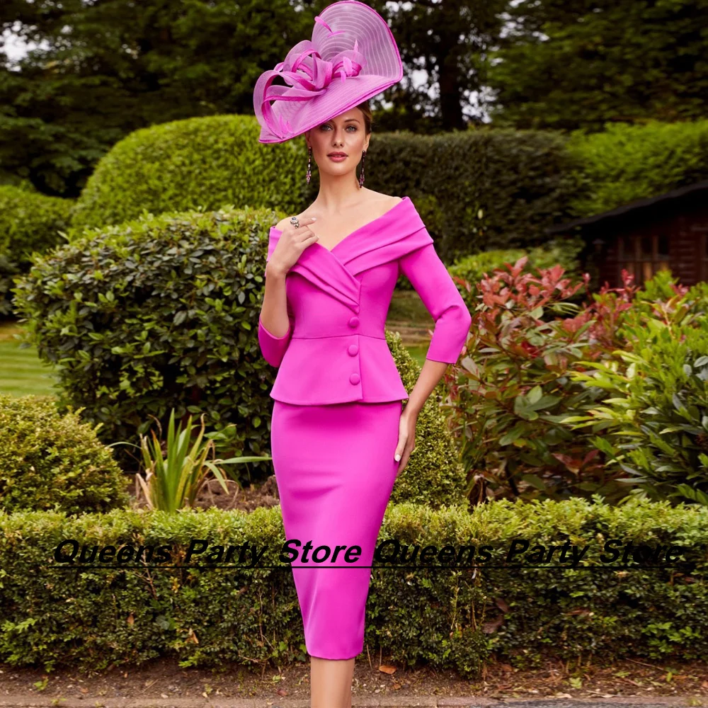 

Weilinsha Dark Pink Off The Shoulder Mother of Bride Dress V Neck Pleat 3/4 Sleeeves Tea Length Mermaid Weddin Guest Gown