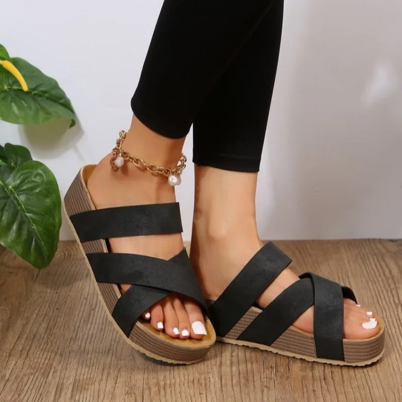 New Summer Women Sandals Sexy Open Toe Broad Band Crossover Slip-On Thick Platform Shoes Casual Flat Slippers Platform Sandals