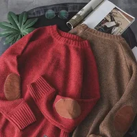 Retro Patchwork Loose Fit Crew Neck Knitwear for Men Casual Autumn Winter Outerwear Comfortable Soft Cotton Sweater