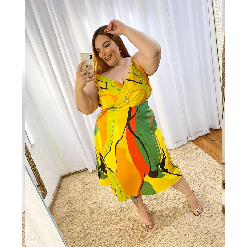 SOMO Fashion Printed Plus Size Women Dreeses V Neck Sexy Back Bandage Sleeveless Summer Party Dress 2023 Wholesale Dropshipping