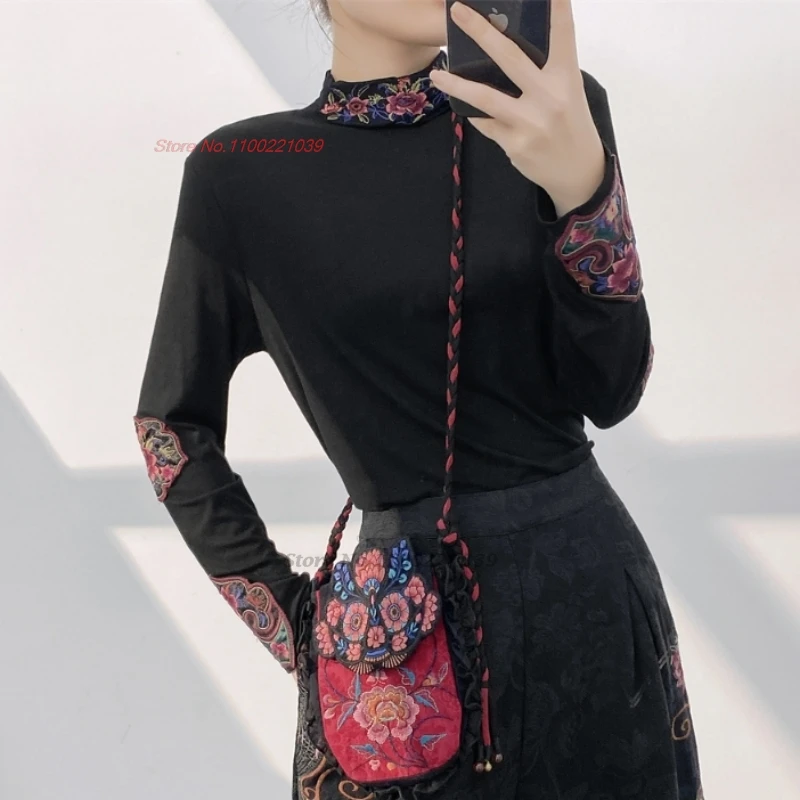 chinese traditional stand collar shirt national flower embroidery folk shirt oriental ethnic base retro hanfu tops
