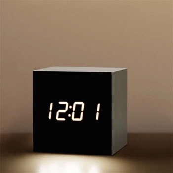 Square Digital LED Alarm Clock Wood Retro Glow Clock Desktop Table Decor Voice Control Snooze Function Desk Clock 3