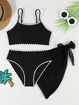 Girls Kids Swimsuit 2026 New Black Sling Bikinis Set Children Swimwear Summer High Waist Mesh Three Piece Beachwear Bathing Suit
