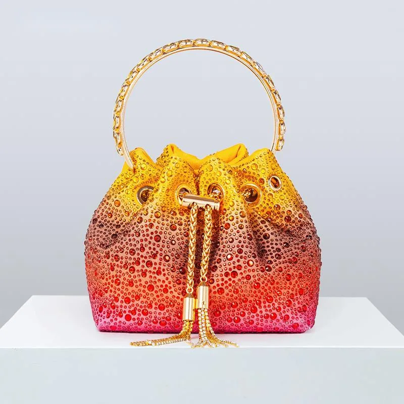Handbag, Bucket, Tassel, Diamond, Colorful Women's New Round Metal Handle, Crystal Handbag, Bride's Wedding Party, Women