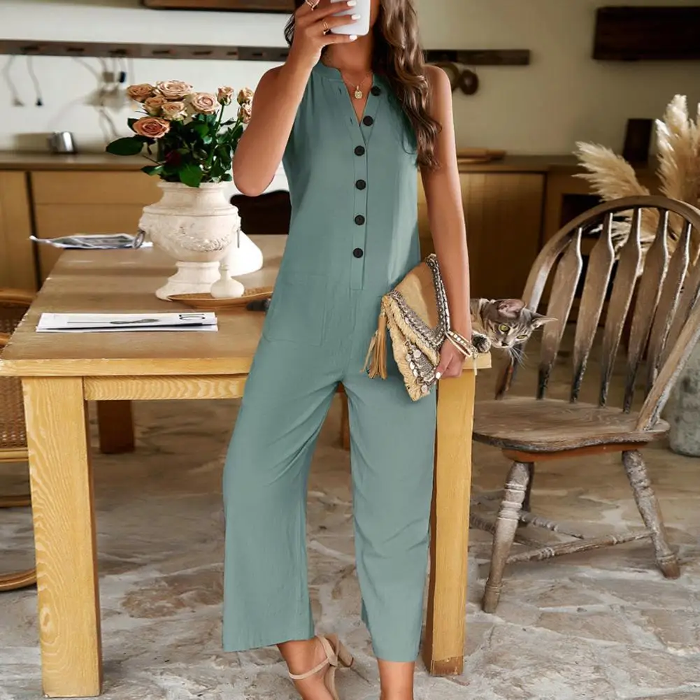 

Relaxed Fit Jumpsuit Stylish Women's V Neck Sleeveless Jumpsuit for Summer Office Wear Breathable Ankle Length Business Jumpsuit