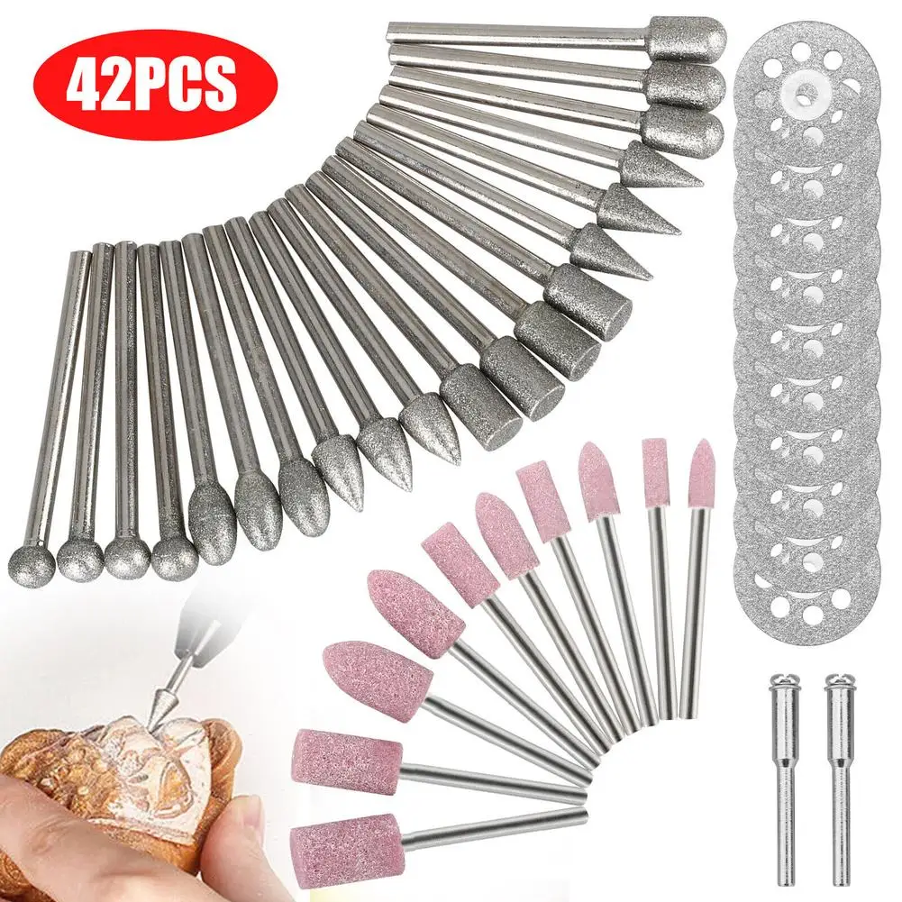 42Pcs Diamond Grinding Cutting Carving Bit Set With Diamond Cutting Wheel Abrasive Mounted Stone Mandrel For Rotary Tool mounted grinding wheel kit with mandrel 2 35mm 3mm grinding stone abrasive wheels for dremel rotary tool wood carving engravi