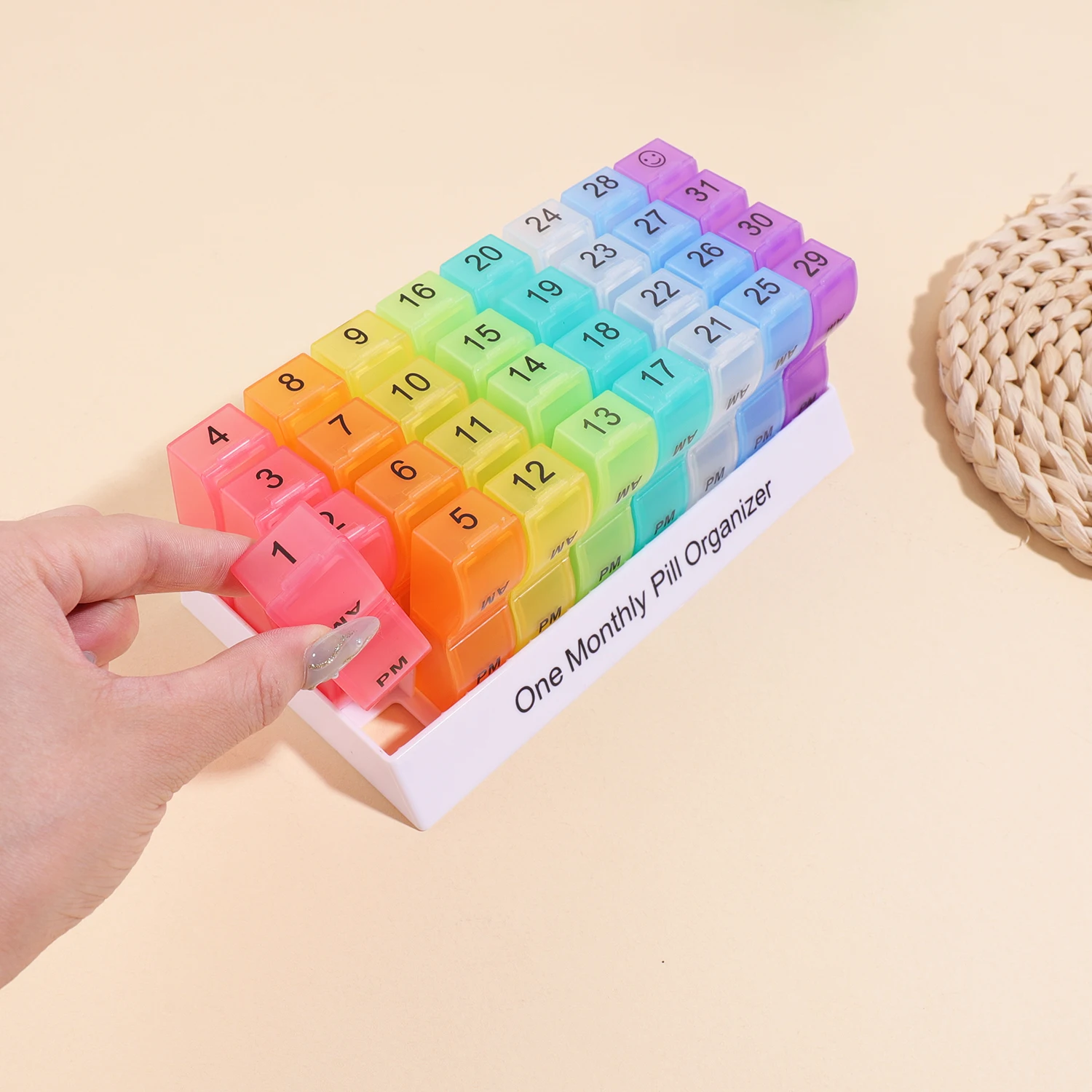 Deluxe 31-Day AM/PM Pill Organizer with Rainbow Detachable Compartments
