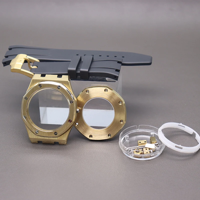 

Gold 41mm Men's Watch Cases Rubber Watchband Parts Sapphire Crystal Glass For Seiko nh36 nh35 Movement 31-31.8mm Dial Waterproof