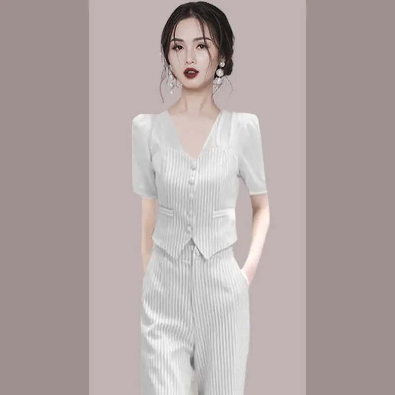 Stripe Patchwork Short Sleeve Chiffon Shirt Blazer Casual Wide Leg Trousers Two-piece Elegant Women's Pants Suit Office Outfits
