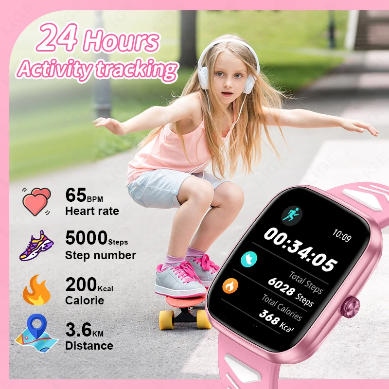 LIGE Kids Smart Watch Bluetooth Call Puzzle Game Child Smartwatch IP67 Waterproof Health Monitoring For Boys Girls Present Gift