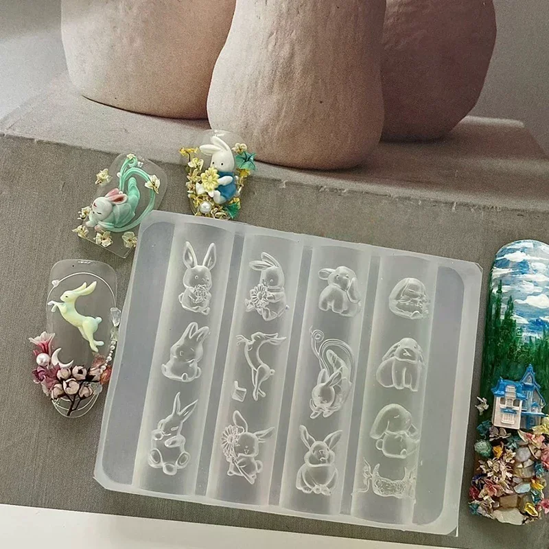 3 Pcs Silicone 3D Nail Art Molds - Cute Cartoon Rabbit Moon Cake Flower Templates for Acrylic Nails DIY Manicure Design Tools
