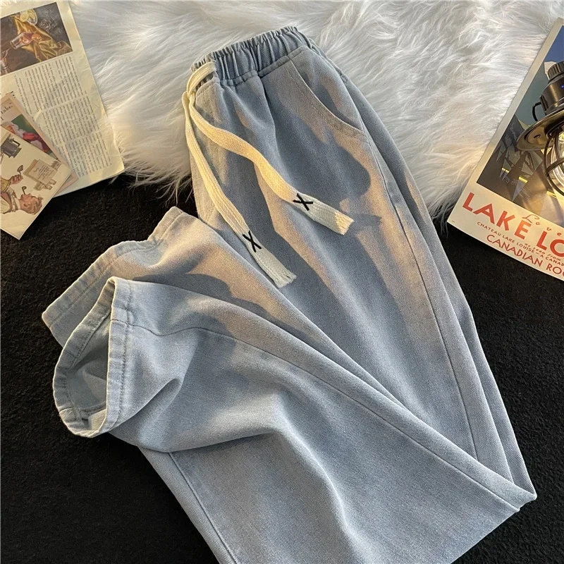 Elastic Waist Japanese Style Light Jeans Men's Autumn/Winter Loose Fit Straight Leg Plus Size Trousers High Street Trendy denim pants,denim trousers,men trousers